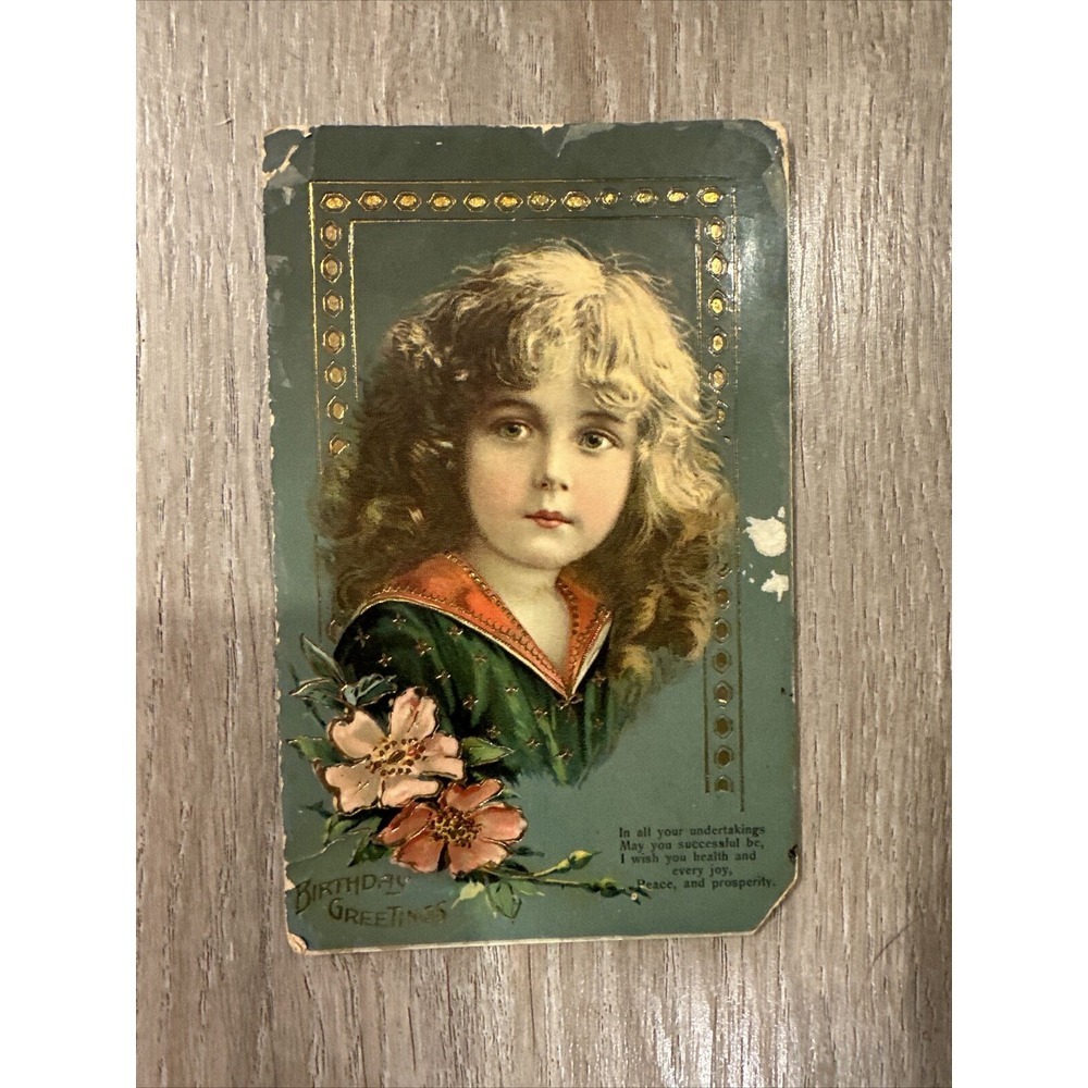 c1910's Pretty Girl Brown Curly Hair Flowers Gel Gold Gilt Antique Postcard
